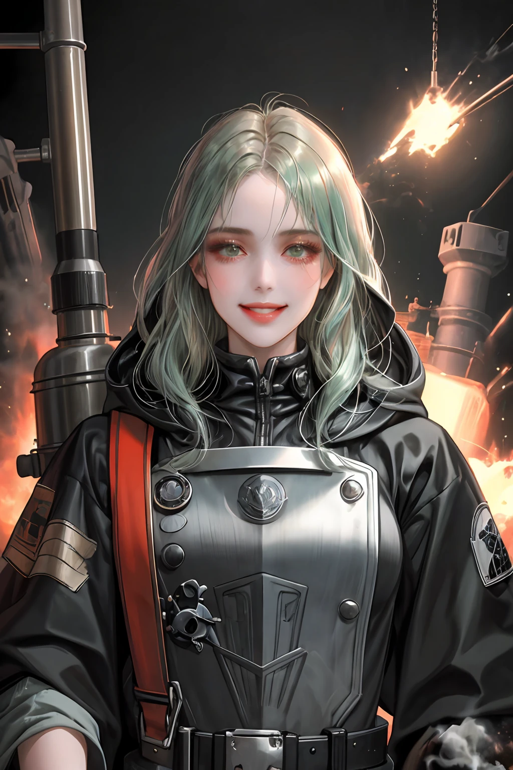 (absurdres, highres, ultra detailed), (1girl), solo, mature, aged up, (wavy long hair:1.3, salmon hair), (style-swirlmagic:0.9), portrait, looking at viewer, solo, upper body, detailed background, (1940s dieselpunk theme:1.1) evil smile, dark couds engineer, floating metal scraps, color dirty clothes , techwear, hood, goggles, flintlock pistol, icy tundra in background, steam, industry, technology, furnace, soot, anvil, screen, switches, clockwork, electric sparks , dutch angle