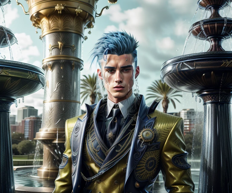 rcnz_hqr style, one handsome man wearing an immaculately detailed [navy|yellow|blue|bright green with intricate golden embroidered] tailored suit, with detailed [long|short] punk hair, extremely detailed face, standing next to a water fountain, <lora:weird future fashion_v2:1>, detailed hair, realistic skin texture, cinematic photography, low contrast, well lit, overcast, hdr