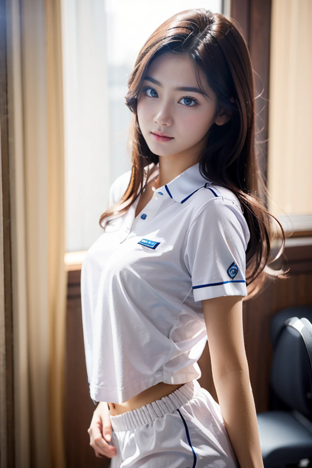 realistic, realistic details, detailed, 1girl, beautiful, seductive face, detailed skin, portrait, sundress, petite, medium breast, uniform, navel, detailed background, rule of third, sharp focus, depth of field (ulzzang-6500-v1.1:0.2) <lora:KR_ParkJuHyun:0.95>
