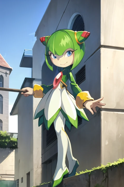 sthcosmo, seedrian, blue eyes, cone hair bun, green hair, short hair, green dress, red gemstone, standing, smile, looking at viewer, balcony <lora:cosmo:1>