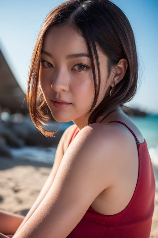 (8K, RAW, professional, best quality, masterpiece:1.2), (realistic,photorealistic:1.37), ultra-detailed, (highest detailed skin:1.2), (highest detailed face:1.2), cinematic lighting, 20 years old, Chinese, sitting on the beach, look at the camera, tank top, skinny