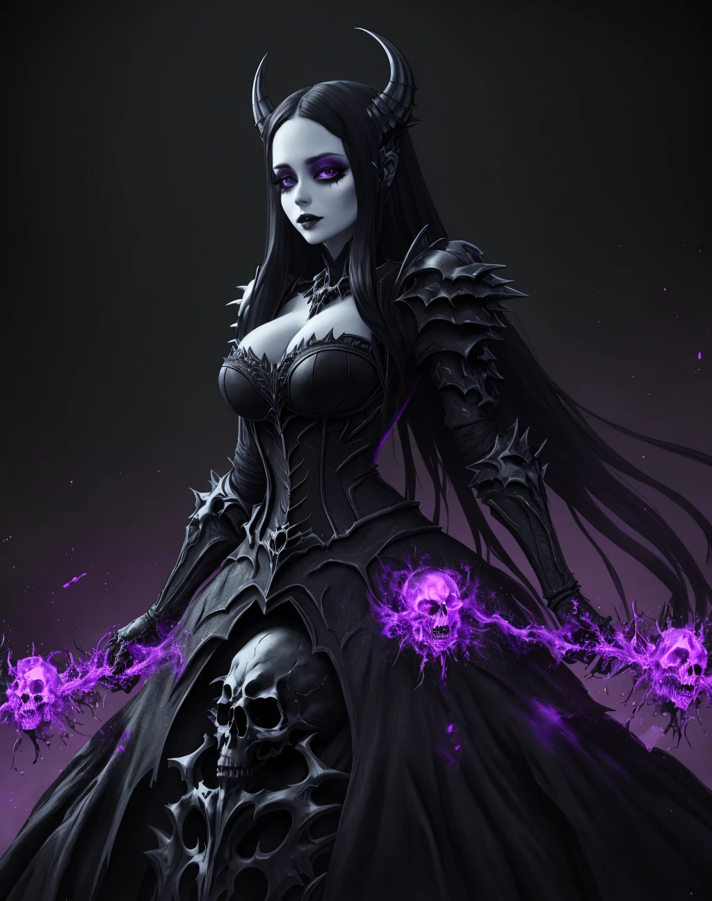 4K, Masterpiece, highres, absurdres, ballgown,edgDeathKnight,a woman in [gown|armor] ,wearing edgDeathKnight armor,  skulls,<lora:DeathKnightBallGown:0.75>