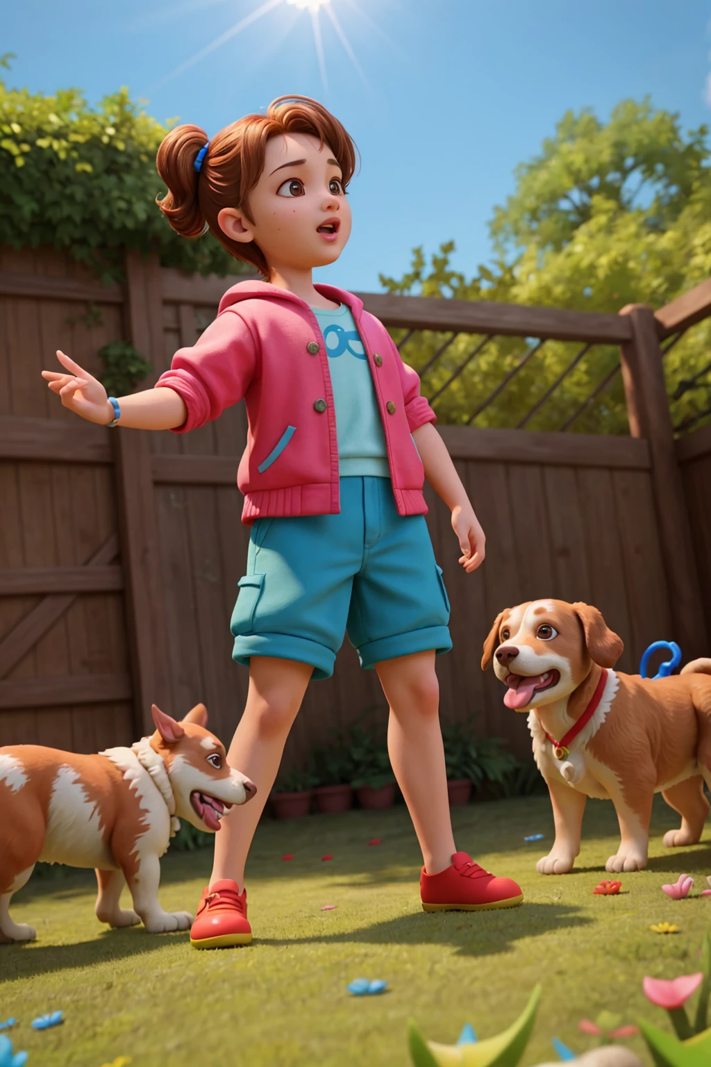 2boys 2girls siblings child backyard with dogs posing bright sunny day
(masterpiece:1.2) (photorealistic:1.2) (bokeh) (best quality) (detailed skin:1.3) (intricate details) (8k) (high poly) (ray tracing) (claymation) (cinematic lighting) (sharp focus)