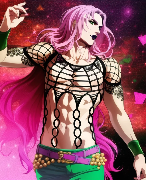 city background, (1boy), solo, male, diavolojojo, male focus, ((best quality)), ((highly detailed)), masterpiece, ((official art)), detailed face, /black lips,/ (detailed eyes, green eyes),long hair, green eyes, upper body, half shot, pectorals, hips, waist, pants, dramatic, tattoos, official style, anime, <lora:diavolojojo:1>