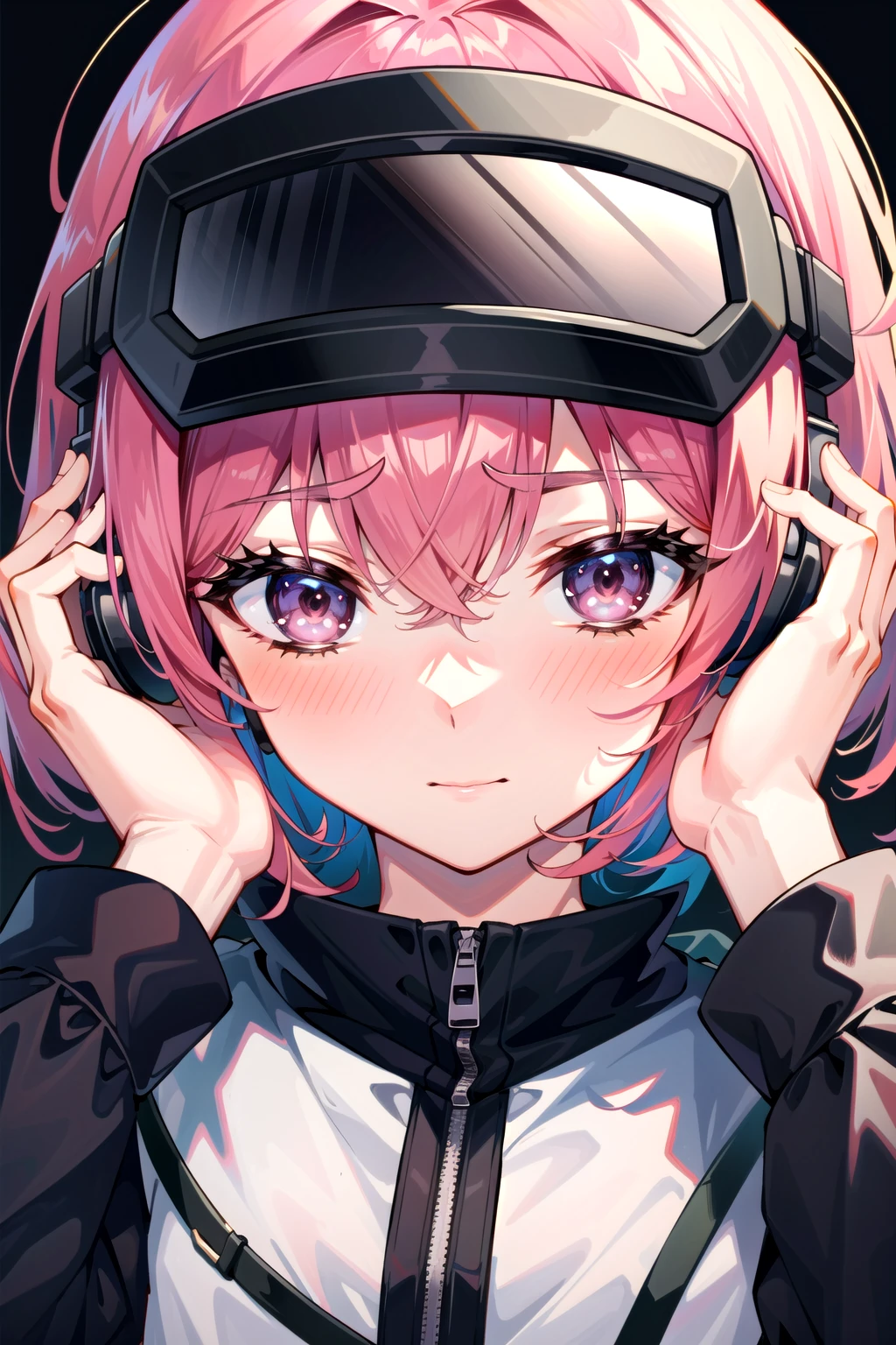 masterpiece, best quality, head-mounted display, close-up, scared, short hair, pink hair,
