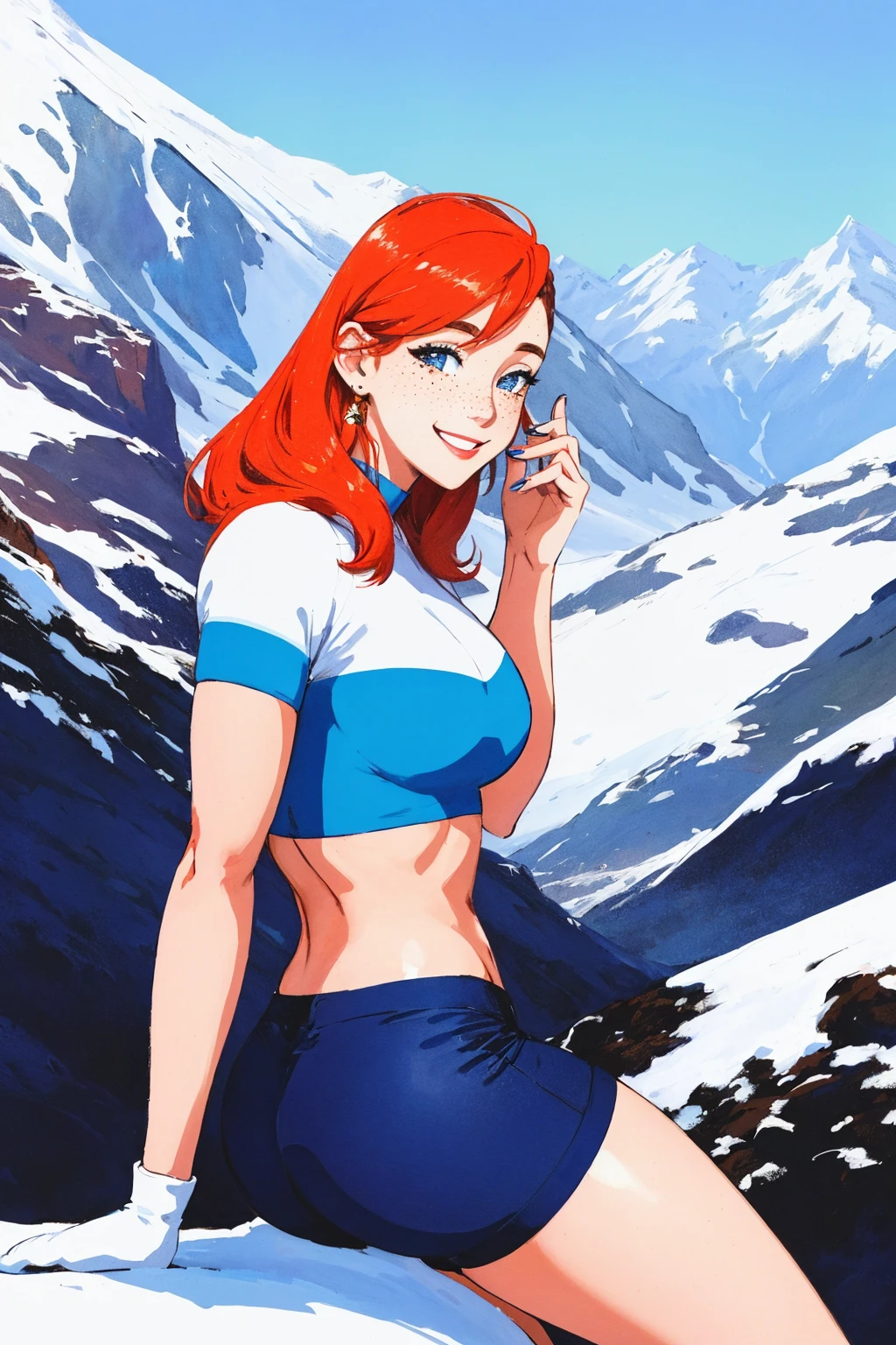 shorts, midriff, booty shorts, srfc ,<lora:srfc-v2:1>, anime absurdres illustration, drawing, (lineart:0.6), close-up portrait of beautiful smiling woman with freckles, snow-covered mountain, full body, 16mm, 35mm, vivid colors, high quality, white balance, kodak film, high detail