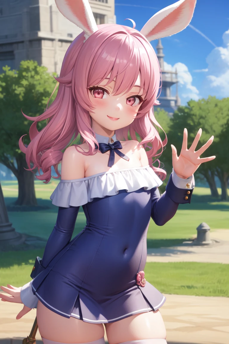 1girl, <lora:Elin_2D_and_3D_last-000018:1>, elin, pink hair, rabbit ears, smile, short dress, off shoulder, white thighhighs, waving,