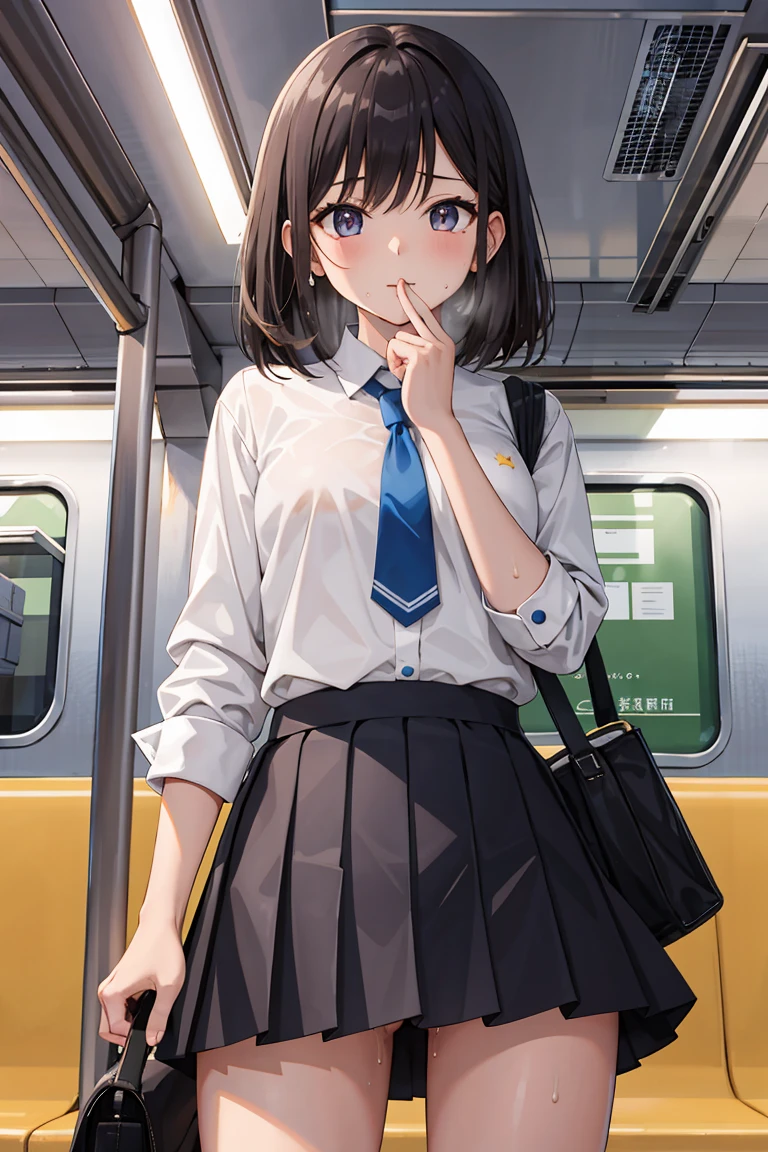 masterpiece, best quality, high resolution, extremely detailed, detailed background, cinematic lighting, 1girl, looking at viewer, subway, train interior, school uniform, white shirt, skirt, sweat, transparent, heavy breathing, embarrassing, hand on crotch, nsfw