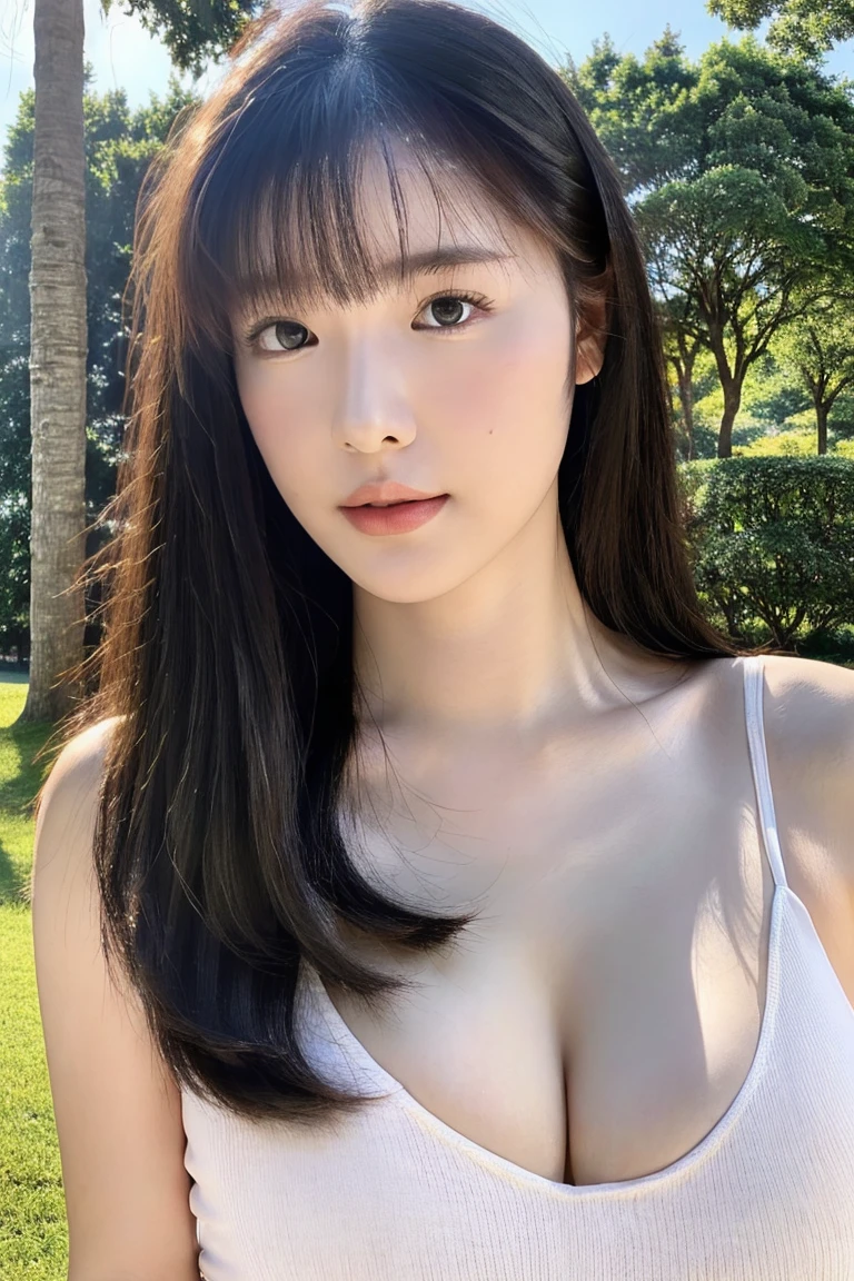 25 years old girl, (((at park))), (white tank top), RAW photo, (photorealistic:1.37), highly detailed CG unified 8K wallpapers, 1girl, ((slender body:0.8)), (huge breasts:1.3), looking at viewer, ((straight from front)), (HQ skin:1.2), 8k uhd, dslr, soft lighting, high quality, film grain, Fujifilm XT3, (full body:0.8) , <lora:xiianger_v1:0.8> xiianger