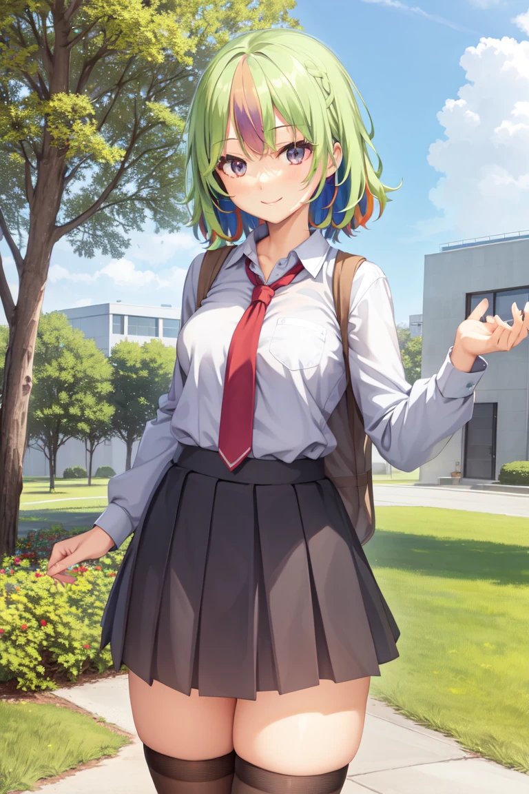 1girl, solo, high school student, standing, cowboy shot, looking at viewer, smile, legwear, ((school uniform, random hair color, random eyes color, random background, outdoors))