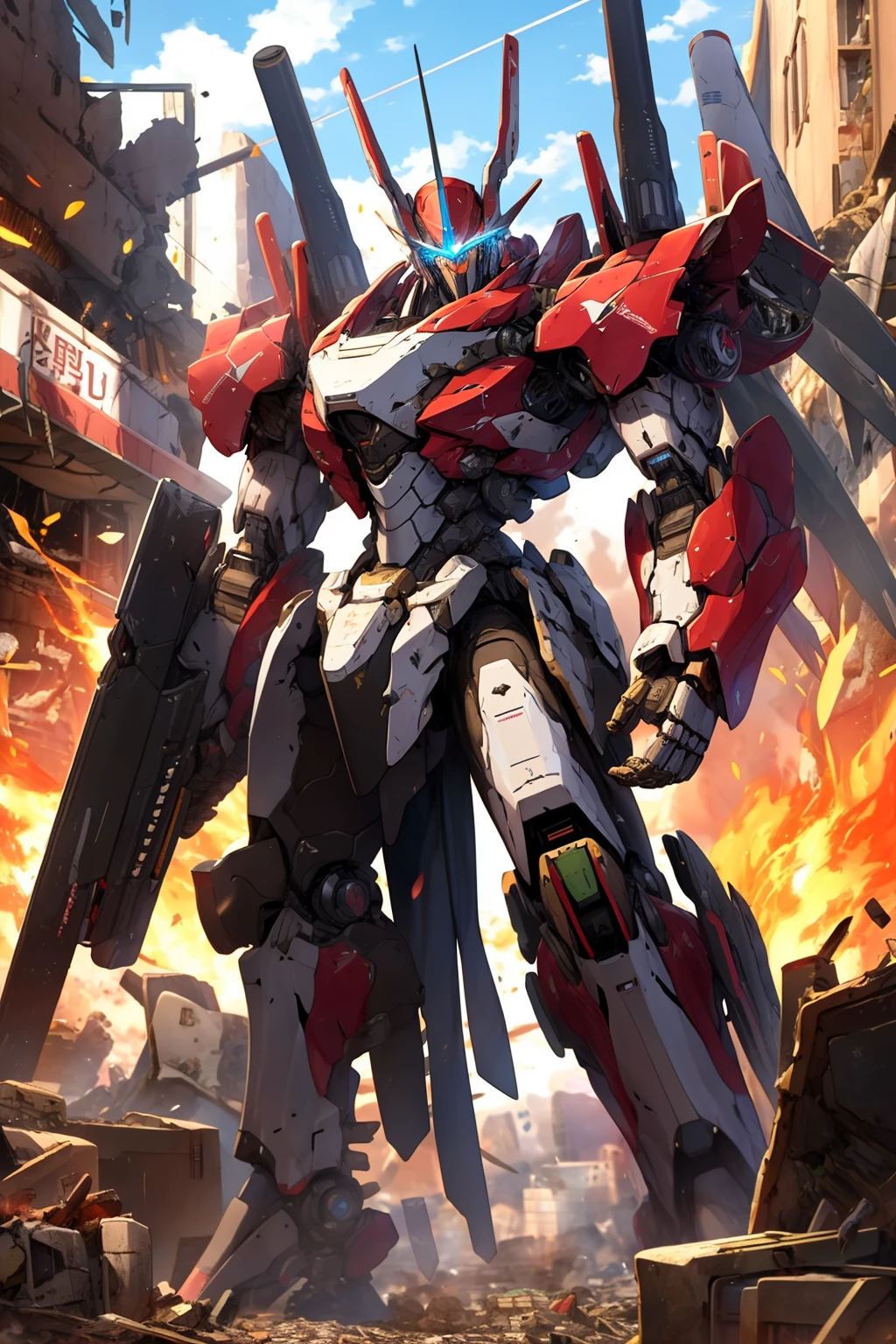 masterpiece, best quality, mecha, no humans, black armor, blue eyes, science fiction, fire, laser canon beam, war, conflict, destroyed city background <lora:nijiMecha:1>