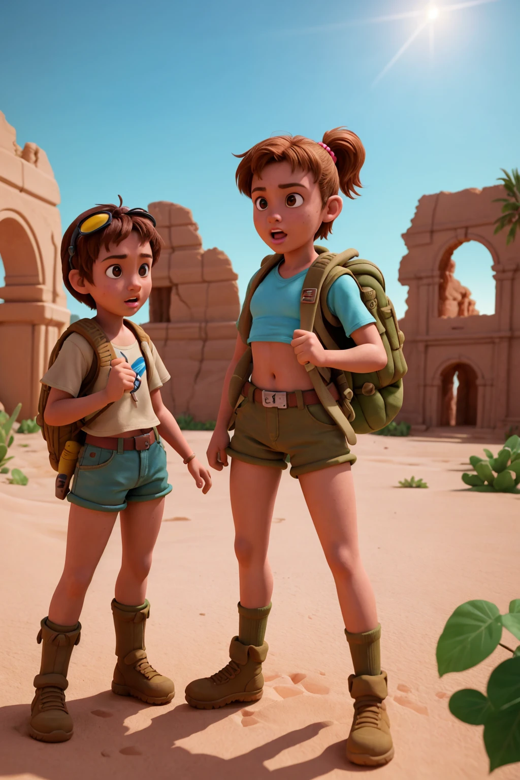AS-Young 2girls 2boys adventuring in ancient desert ruins, khaki clothes and backpacks cargo action camera dutch angle
(masterpiece:1.2) (photorealistic:1.2) (bokeh) (best quality) (detailed skin) (intricate details) (8k) (high poly) (claymation) (cinematic lighting) (sharp focus)