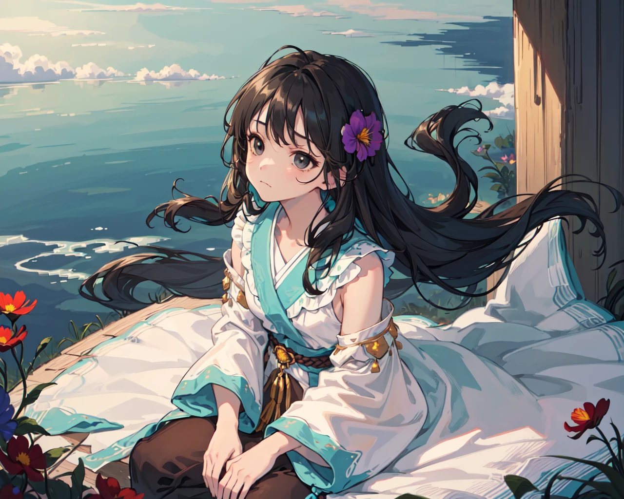 (best quality, masterpiece), Turquoise Screen Filter, (1girl, solo, brown robe, expression face, looking up, sitting, wide sleeves, black eyes, closed mouth, long hair, cowboy shot), (clear sky, cosmos flower filed, cloud),