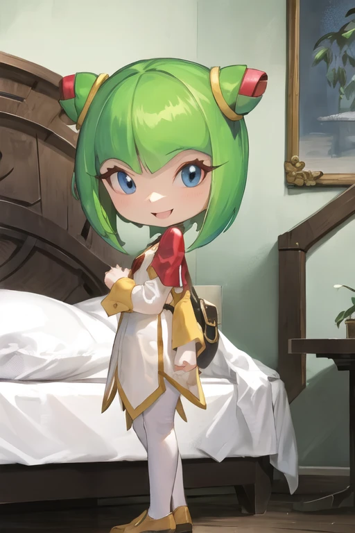 sthcosmo, seedrian, blue eyes, cone hair bun, green hair, short hair, green dress, red gemstone, standing, smile, looking at viewer, bedroom <lora:cosmo:1>