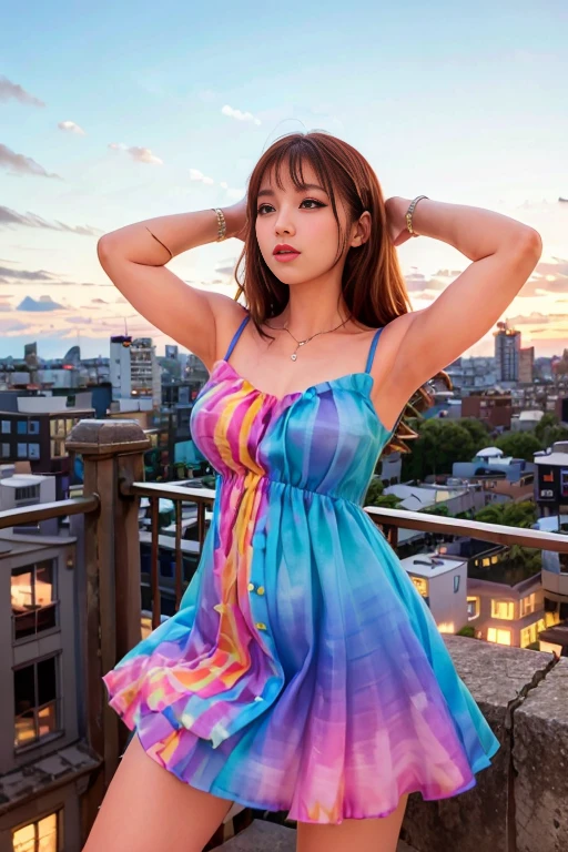 <lora:betterCuteAsian03:0.3>, woman posing for a photo,(wearing baby_doll_dress, wearing colorful_dress:1.3),
good hand,4k, high-res, masterpiece, best quality, head:1.3,((Hasselblad photography)), finely detailed skin, sharp focus, (cinematic lighting), collarbone, night, soft lighting, dynamic angle, [:(detailed face:1.2):0.2],(((city background))), outside,   <lora:baby_doll_dress:0.5>,  <lora:colorful_dress:0.5>