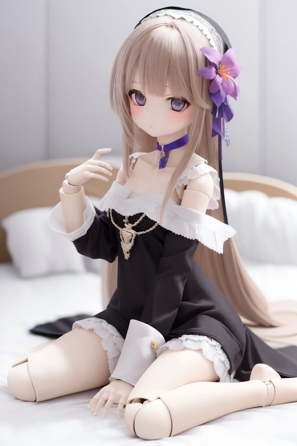 realistic, photorealistic, ,hires,doll, dd, 1girl, hertasr,dress,dollgirl,wariza,on bed,joints, looking at viewer,hair ornament,flower,black dress