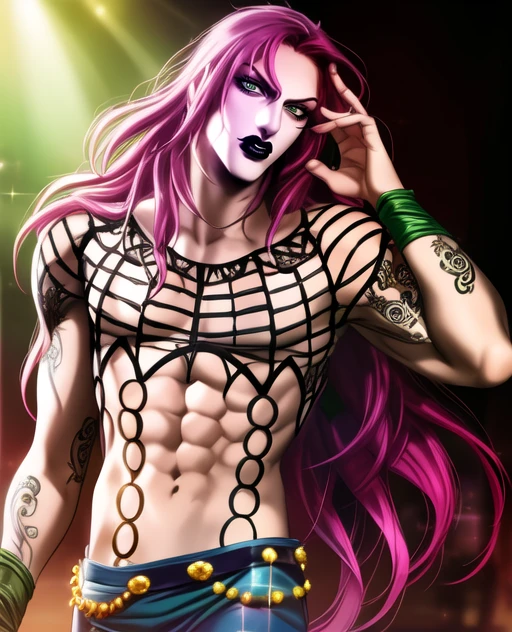 city background, (1boy), solo, male, diavolojojo, male focus, ((best quality)), ((highly detailed)), masterpiece, ((official art)), detailed face, /black lips,/ (detailed eyes, green eyes),long hair, green eyes, upper body, half shot, pectorals, hips, waist, pants, dramatic, tattoos, official style, anime, <lora:diavolojojo:1>