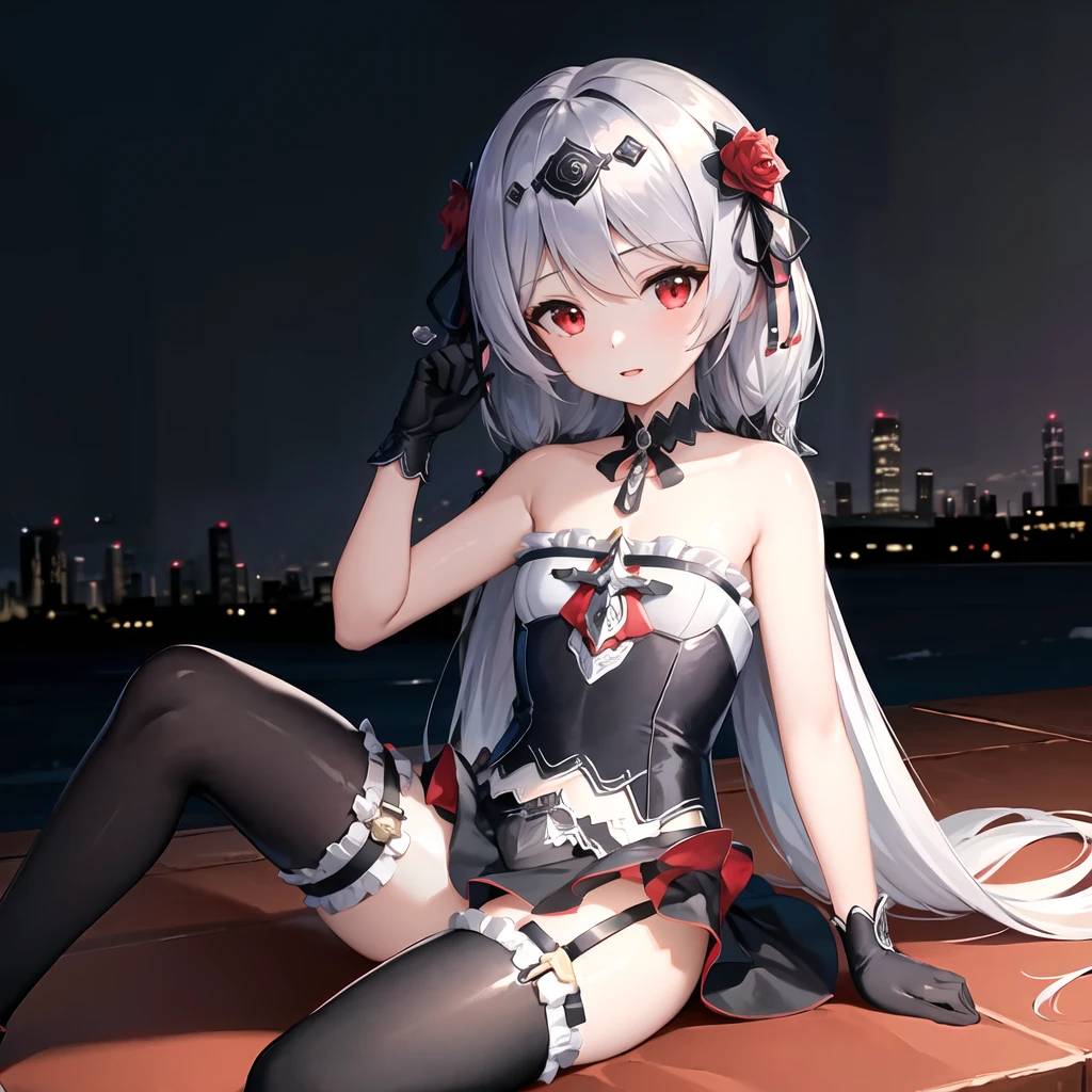 (masterpiece:1.2), (best quality:1.3), highres, luna_kindred, 1girl, flat_chest, sitting, cowboy_shot, red rose, black_dress, black_thighhighs, garter_belt, black_gloves, <lora:luna_kindred_l_v8-000015:1>, city_skyline, night, dark, dark studio, rim lighting, two tone lighting, dimly lit, <lora:epi_noiseoffset2:1>