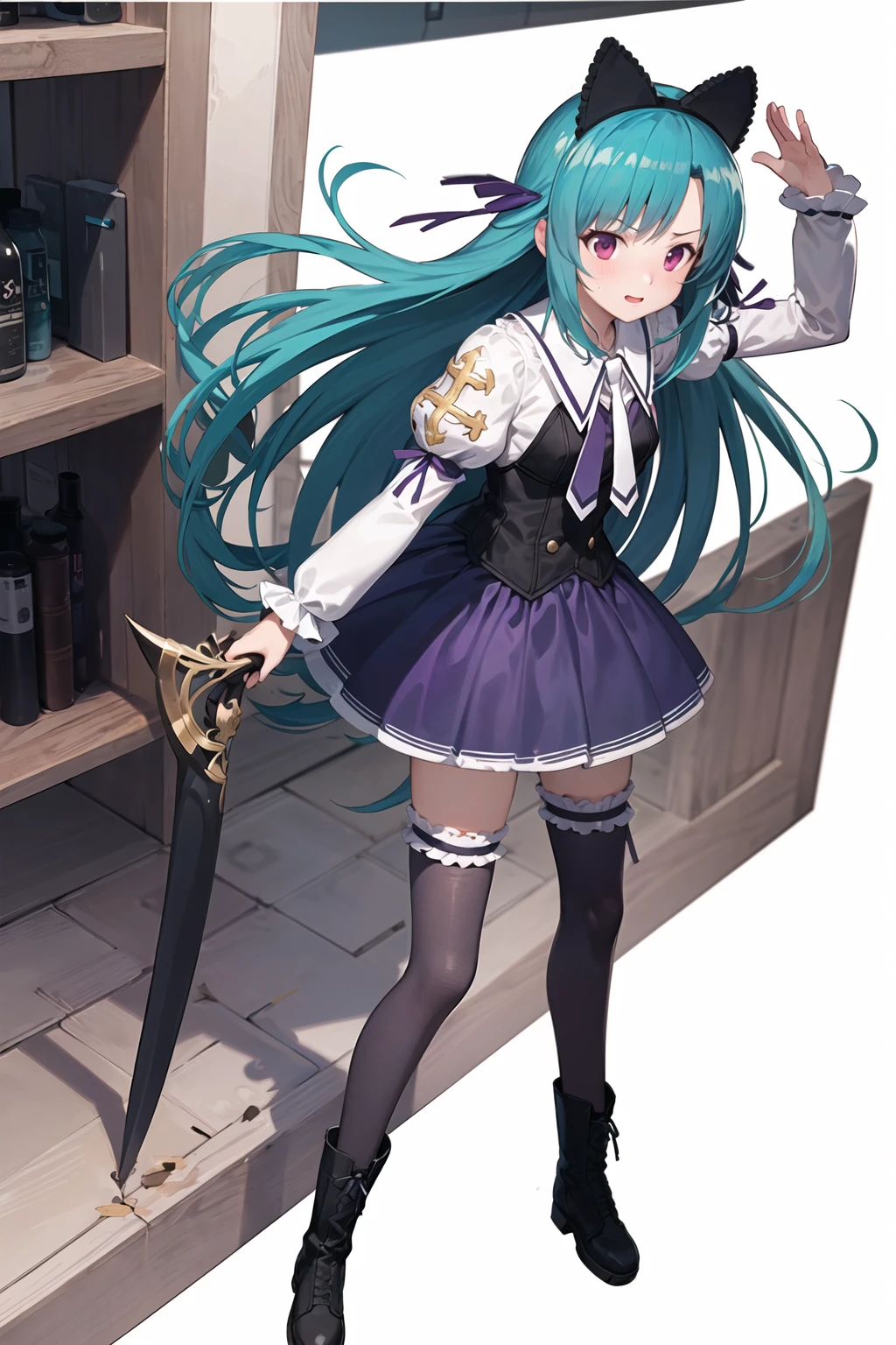 master, chief bestquality,masterpiece,highres, game cg, illustration, solo, xiaoshinai, 1girl,standing , purple skirt, thighhighs, boots, simple_background, white background <lora:xiaoshinai_v3:0.8:MIDD>