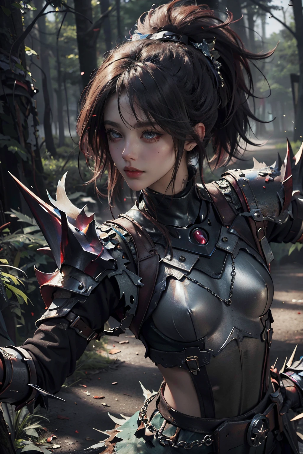 (masterpiece), best quality, ultra high res, slim body, 1girl,warrior girl, long hair, looking at viewer, (dynamic pose), (dramatic angle), (dark armor, full gauntlets), Dr490nSc4leAI, (outdoors, forest, wilderness), photon mapping, radiosity, physically-based rendering, cinematic lighting, intricate, High Detail, Sharp focus, dramatic, photorealistic,
