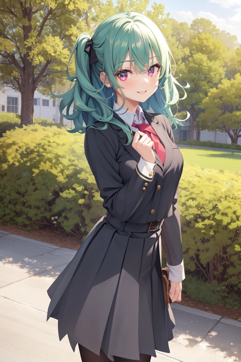 1girl, solo, high school student, standing, cowboy shot, looking at viewer, smile, ((school uniform, random hair color, random eyes color, random background, outdoors))