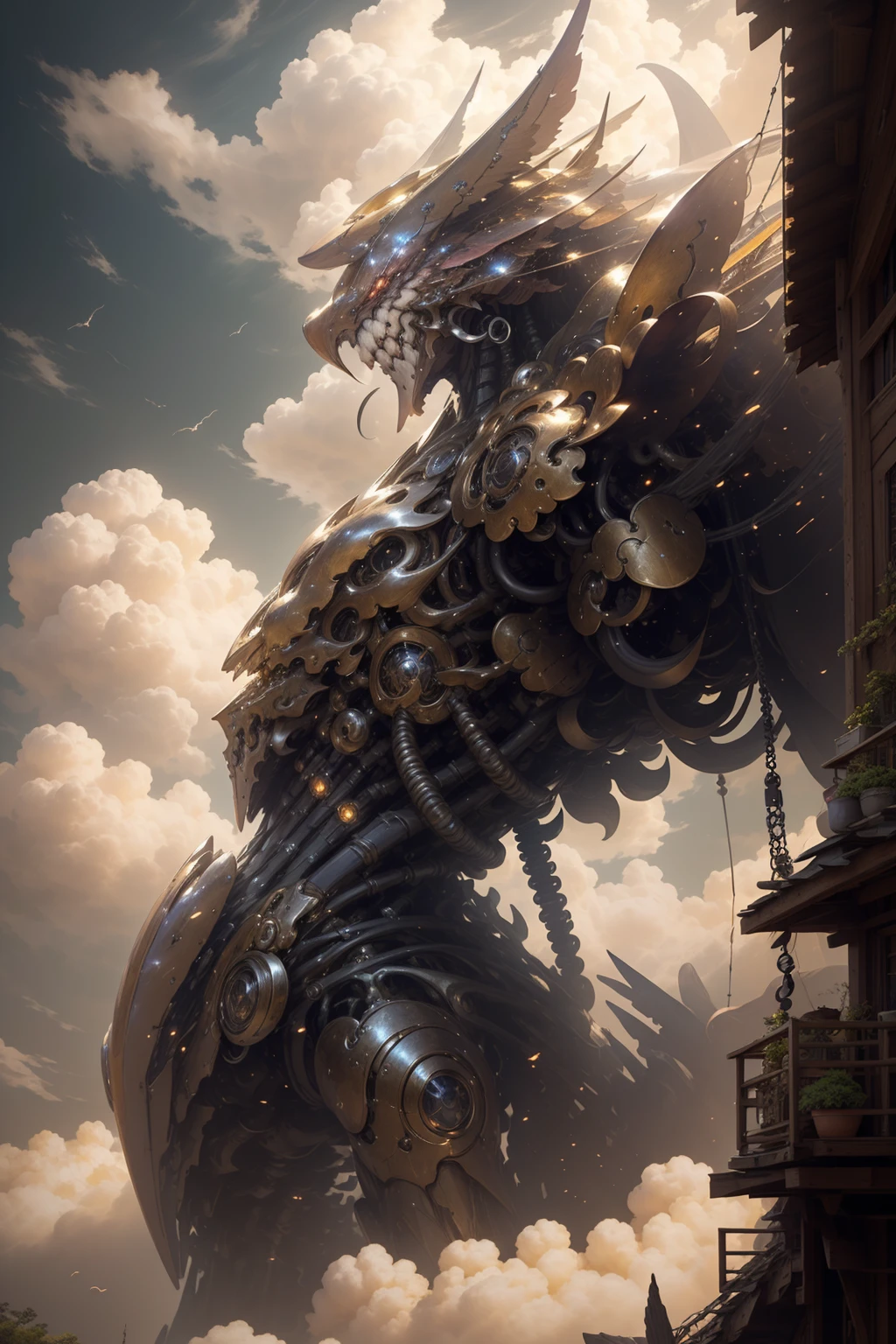 ((best quality)), ((masterpiece)), (detailed), giant mecha, horror beauty, perched on a cloud, (fantasy illustration:1.3), enchanting gaze, otherworldly charm, mystical sky, (Luis Royo:1.2), (Yoshitaka Amano:1.1), moonlit night, soft colors, (detailed cloudscape:1.3), (high-resolution:1.2) <lora:nijiMecha:1>