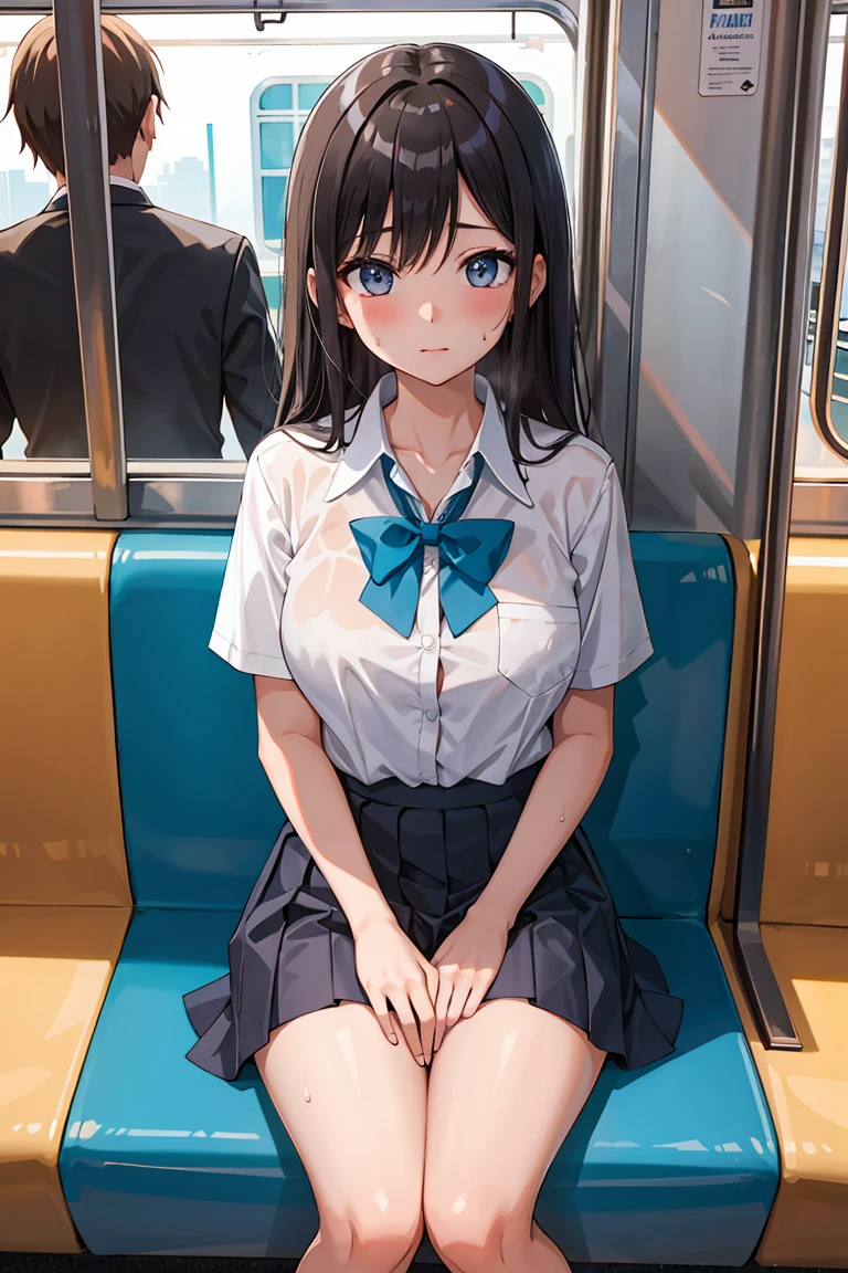 masterpiece, best quality, high resolution, extremely detailed, detailed background, cinematic lighting, 1girl, looking at viewer, subway, train interior, school uniform, white shirt, skirt, sweat, transparent, heavy breathing, embarrassing, hand on crotch, nsfw