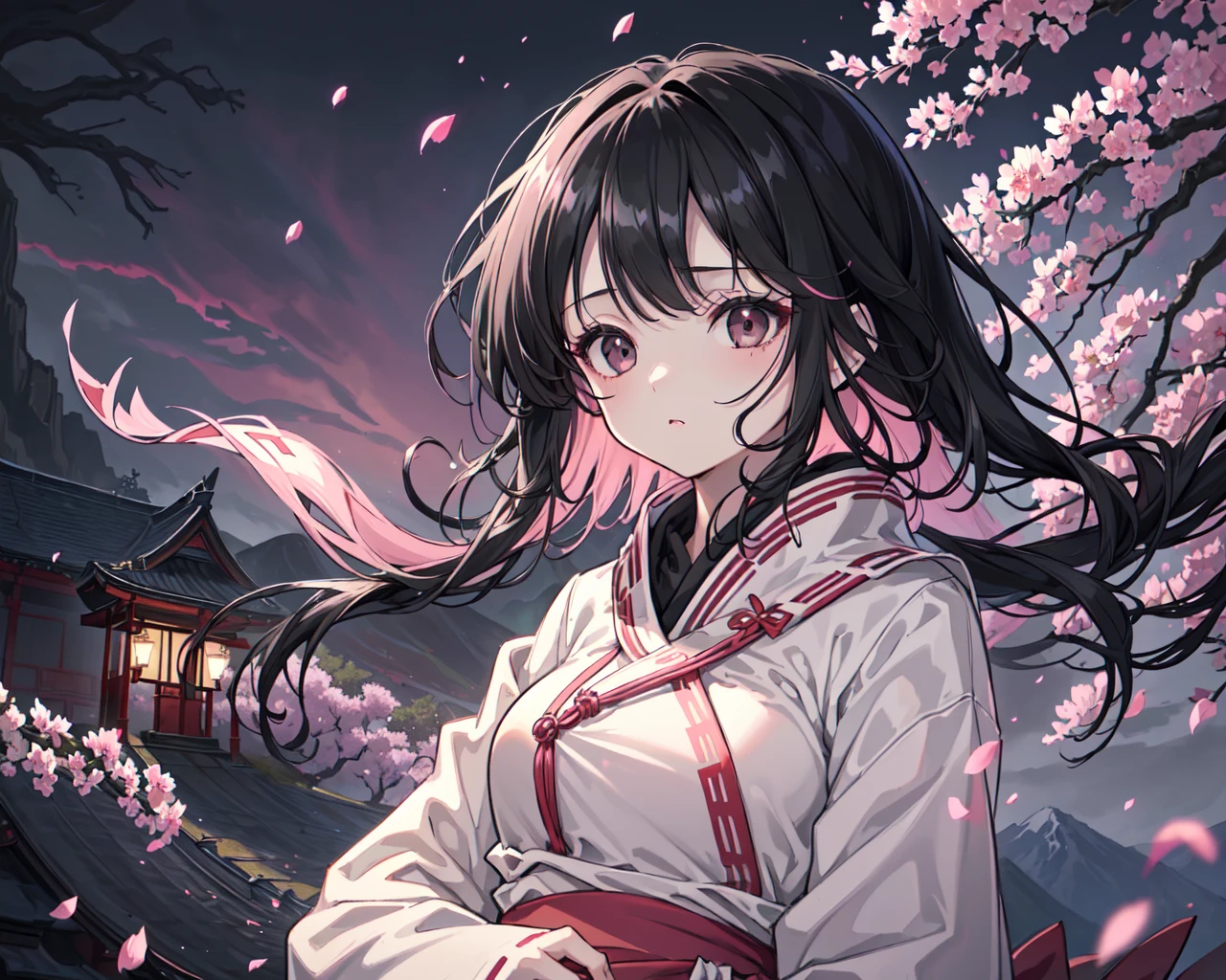 (best quality, masterpiece),(1girl, miko, coat, expression face, black eyes, looking at front ,black hair, walking, upper body), (night strray sky, huge old tree behind, falling glowing pink petals behind, shrine behind, mountain background, blowing wind, meteoric cloud)