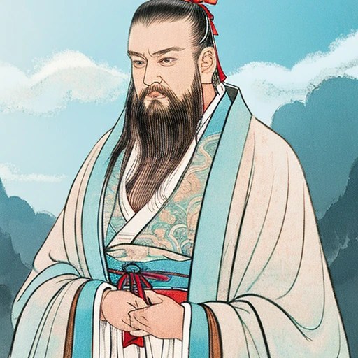 masterpiece, traditional_media, best quality, realistic, extremely detailed CG , 1boy,beard,hanfu, long sleeves, portrait, solo, ribbon, cloud, sky ,<lora:xuanxue_v2.0:0.55>,handsome