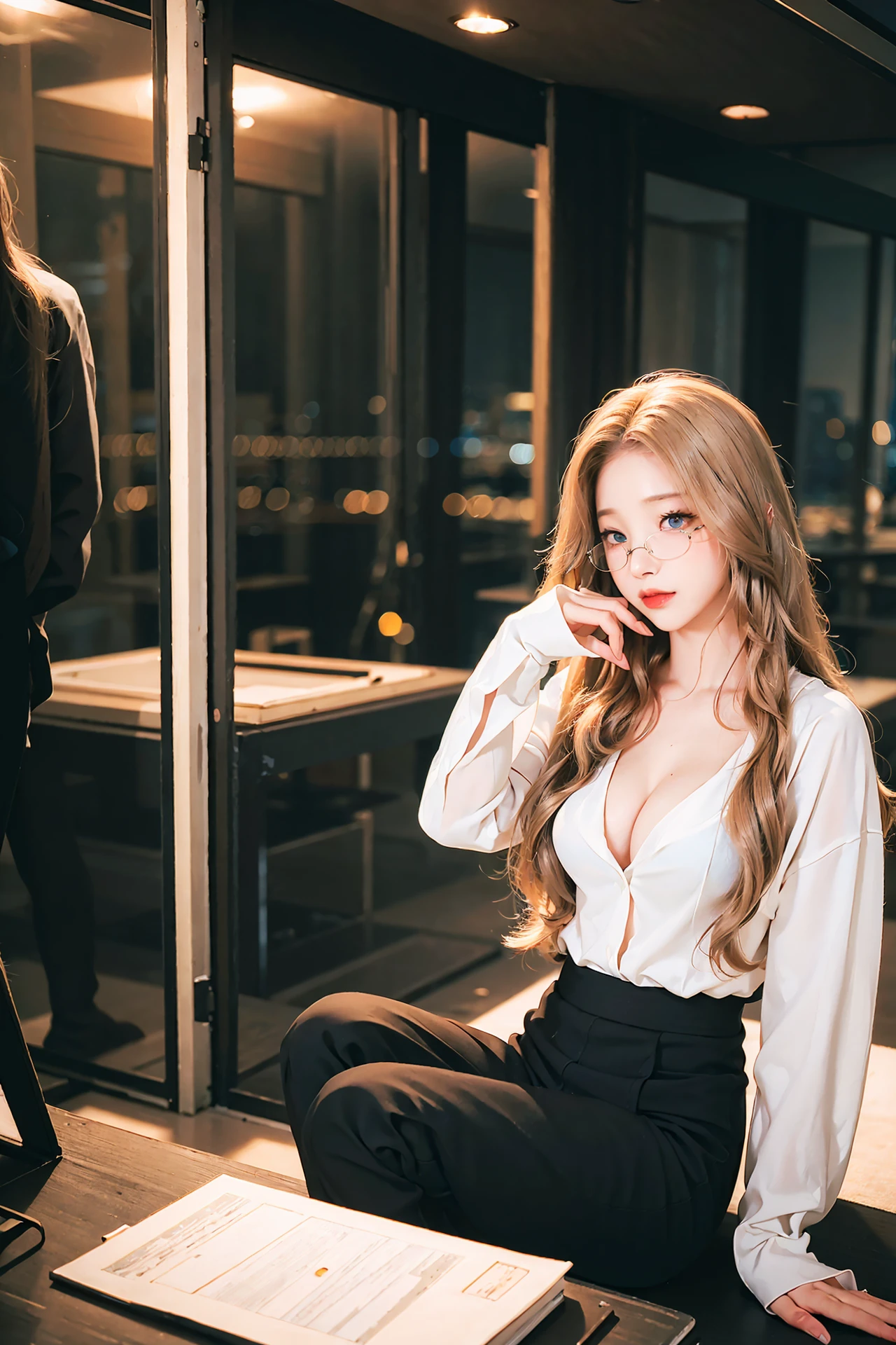 ((RAW photo, best quality)), (realistic, photo-realistic:1.3), masterpiece, an extremely delicate and beautiful, extremely detailed, CG, unity , 2k wallpaper, Amazing, finely detail, light smile, extremely detailed CG unity 8k wallpaper, huge file size, ultra-detailed, high resolution, absurdres, soft light, beautiful detailed girl, detailed fingers, extremely detailed eyes and face, beautiful detailed nose, beautiful detailed eyes, long eyelashes, light on face, looking at viewer, 1girl, (full body), ((small breasts)), realistic face, realistic body, beautiful detailed thigh, <lora:Sexy_Office_Lady:0.5>, long hair, breasts, looking at viewer, blue eyes, skirt, blond hair, shirt, long sleeves, white shirt, glasses, pants, black skirt, blurry, lips, blurry background, black pants, red lips, <lora:aespaKarina_aespaKarinaV5:0.5> , <lora:koreanDollLikeness_v15:0.2> ,(ulzzang-6500-v1.1:0.4),<lora:cuteGirlMix4_v10:0.2>