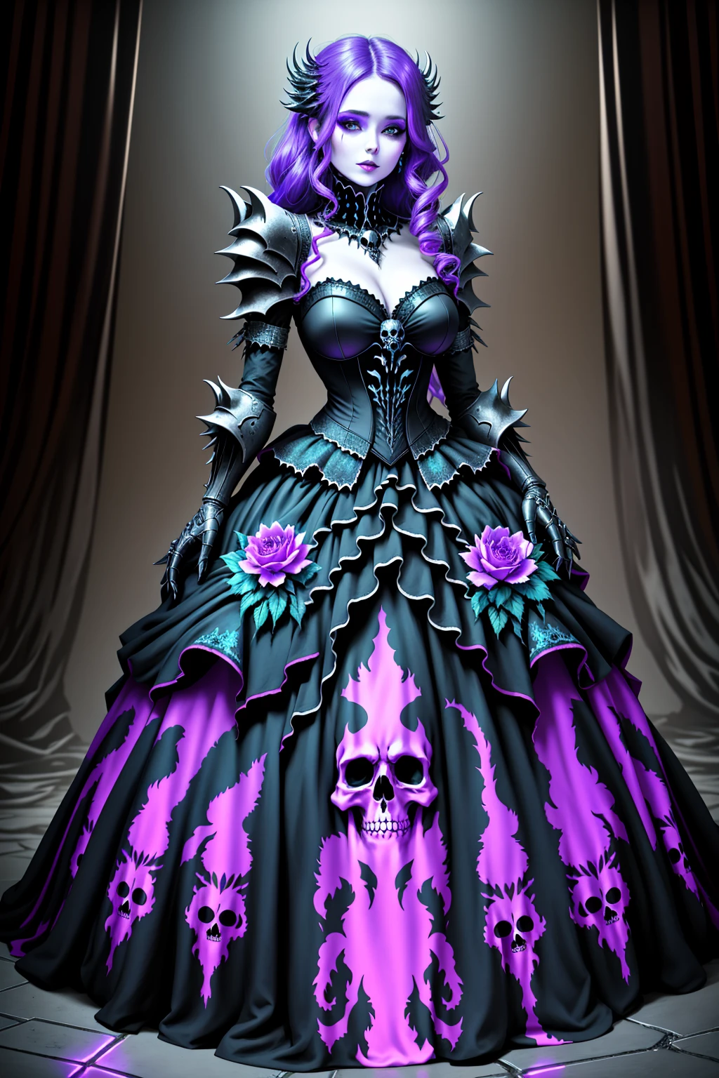4K, Masterpiece, highres, absurdres, ballgown,edgDeathKnight,a woman in [gown|armor] ,wearing edgDeathKnight armor,  skull print,<lora:DeathKnightBallGown:0.75>
