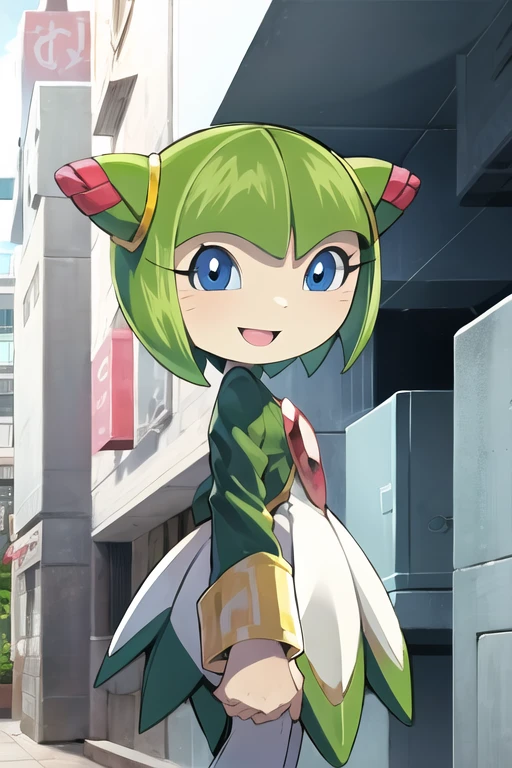 sthcosmo, seedrian, blue eyes, cone hair bun, green hair, short hair, green dress, red gemstone, smile, looking at viewer, city <lora:cosmo:1>