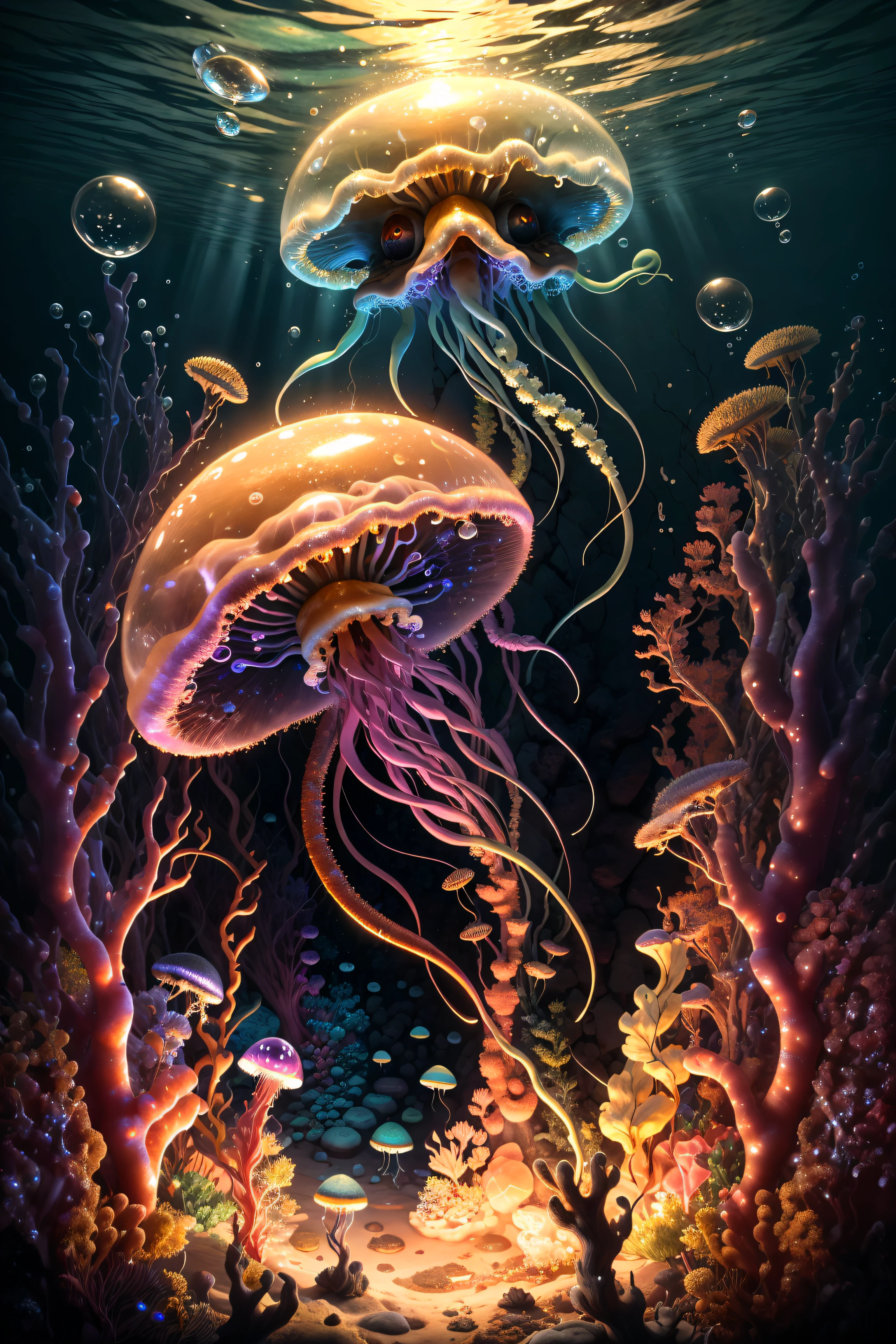 (Masterpiece, Best Quality:1.3), highres, (8k resolution), <lora:MADGOD:0.8>, (ultra-detailed:1.1), madgod, stop motion, horror, no humans, glowing, monster, underwater, jellyfish, photorealistic, glowing:0.3, (details:1.2), volumetric lighting, (extremely detailed), bubble