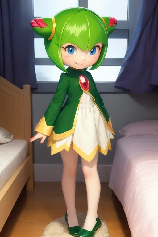 1girl, sthcosmo, seedrian, blue eyes, cone hair bun, green hair, short hair, green dress, red gemstone, standing, smile, looking at viewer, bedroom <lora:cosmo:1>