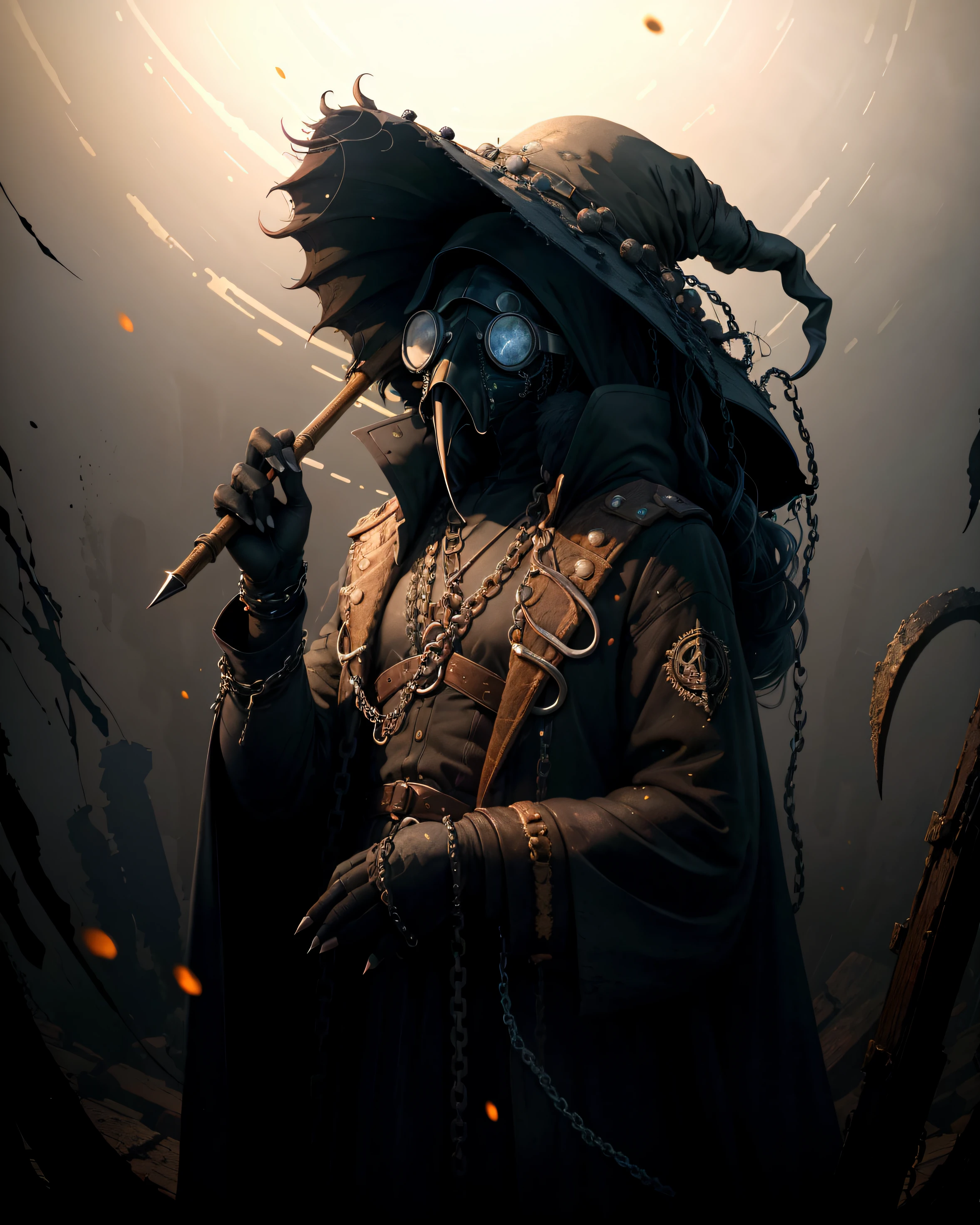 (Masterpiece, Best Quality), highres, (8k resolution), centered, (ultra-detailed), madgod, solo, plague doctor, goggles, hat, chains, black veil, beaked mask, volumetric lighting:1.1, dark, (details:1.2), sharp focus, floating particles, (depth of field), high quality, fuji 85mm, ruins, scenery, extremely detailed background, nightmare, 8k, intricate, holding, scythe, long fingers, long fingernails, <lora:MADGOD:0.8>