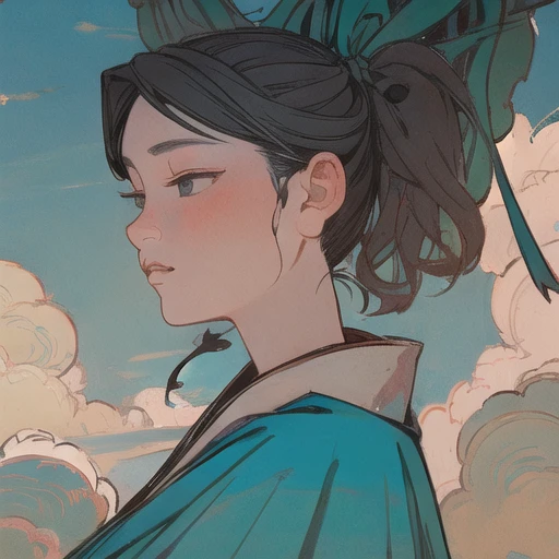 masterpiece, traditional_media, best quality, realistic, extremely detailed CG , 1girl,hanfu, long sleeves, portrait, solo, ribbon, cloud, sky ,<lora:xuanxue_v2.0:0.7>