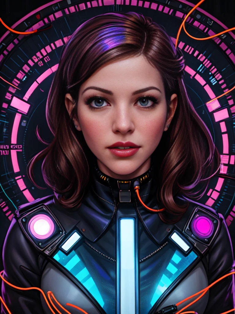 hyperreal, ultrarealistic, detailed, add_detail, masterpiece, Katharine McPhee is in the Mind Control Machine, wires connected to her head, holographic display, spirals, hypnotic lights,