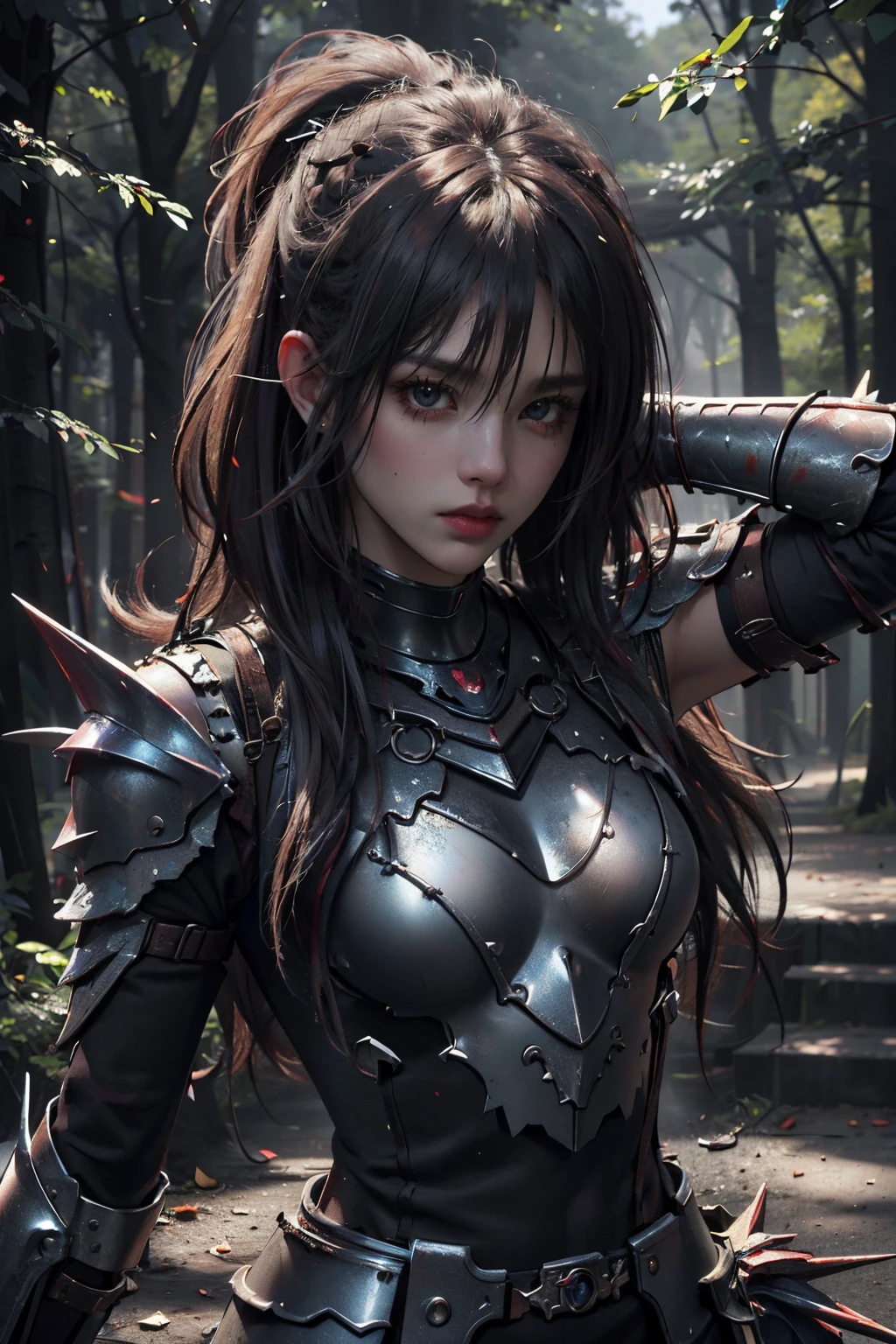 (masterpiece), best quality, ultra high res, slim body, 1girl,warrior girl, long hair, looking at viewer, (dynamic pose), (dramatic angle), (dark armor,  full gauntlets), Dr490nSc4leAI, (outdoors, forest, wilderness), photon mapping, radiosity, physically-based rendering, cinematic lighting, intricate, High Detail, Sharp focus, dramatic, photorealistic,