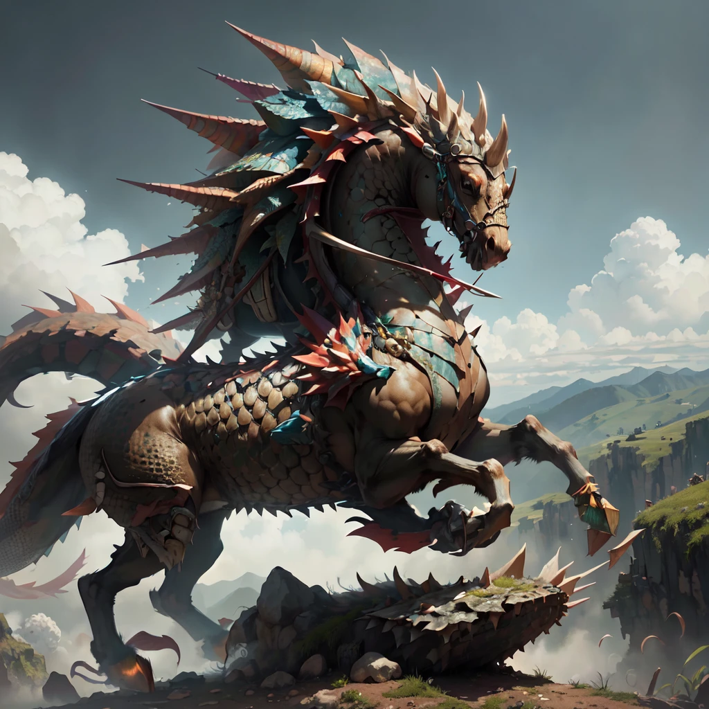 <lora:Dra9onScaleAI:.9>, Dr490nSc4leAI scales  [horse: dragon: .55] in hills