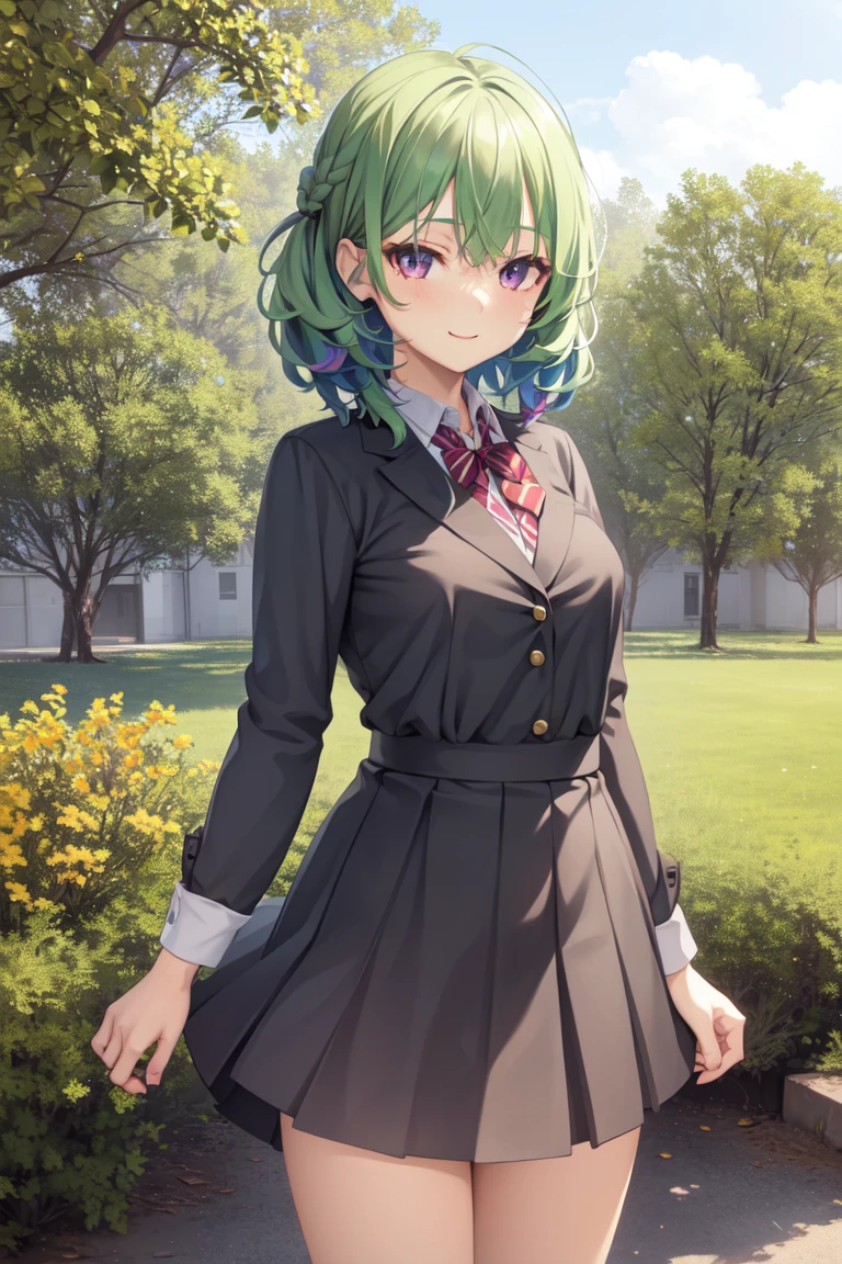 1girl, solo, high school student, standing, cowboy shot, looking at viewer, smile, ((school uniform, random hair color, random eyes color, random background, outdoors))