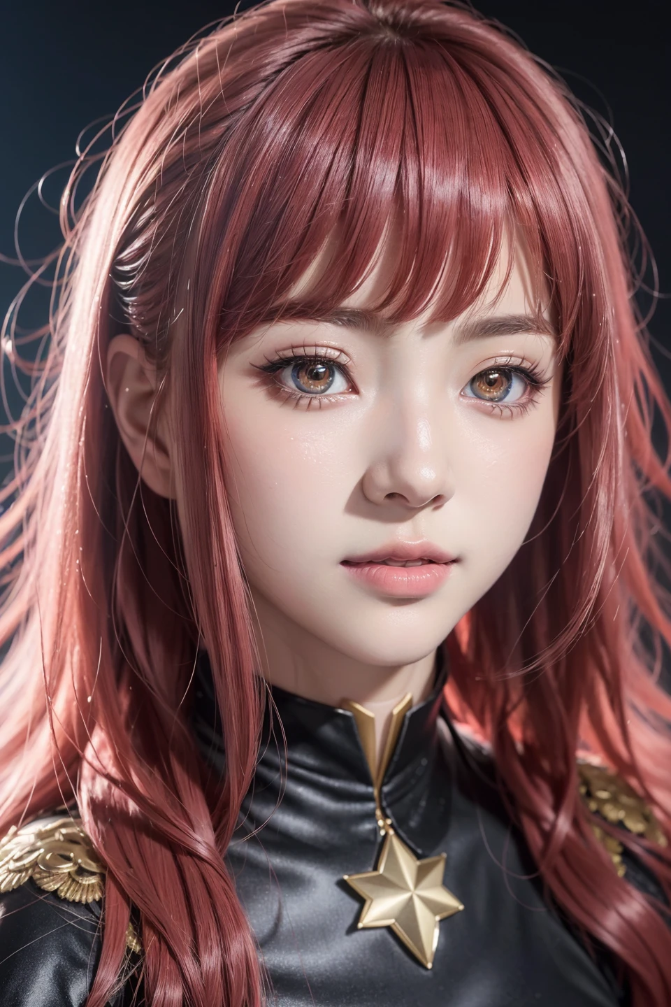 1girl, star eye, blush, (realistic:1.4), (pixiv:1.3), perfect illumination, distinct, (bishoujo:1.2), unreal engine, sidelighting, perfect face, detailed face, beautiful eyes, pretty face, (bright skin:1.2), idol, ulzzang-6500-v1.1, <lora:makimaChainsawMan_v10:0.4>, soft smile, upper body, dark red hair, (simple background), ((dark background)), (depth of field)