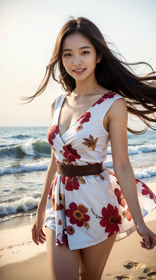 <lora:koreanDollLikeness_v15:0.3>,
8k, best quality, masterpiece, realistic, ultra detail, photography, HDR, ROW photo, highres, absurdres, cinematic light, official art, High-definition, depth of field,
close-up, beautiful legs, slender, cute face, smile, beautiful details eyes, 19years old korean, pretty, Messy hair with copper red color,
dress, beach, (wind:1.8), floral print,