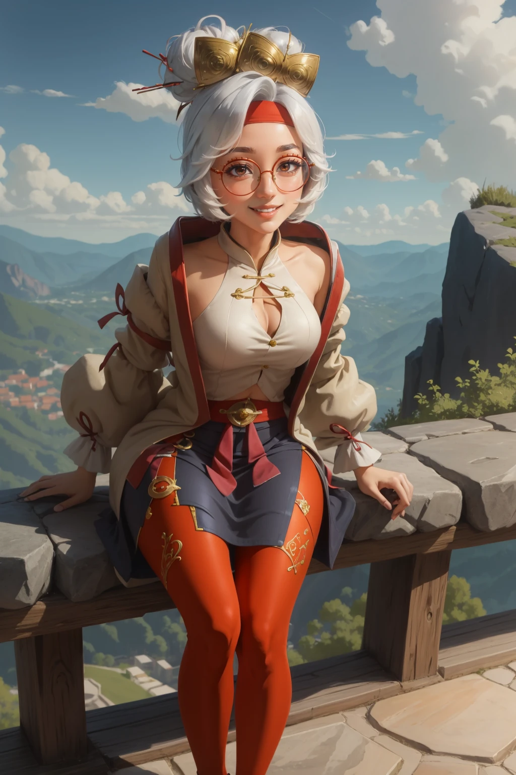 masterpiece, best quality, purah, red headband, hair ornament, hair sticks, red glasses, white jacket, sleeveless white shirt, black skirt, orange pantyhose, leaning forward, looking at viewer, smile, sky, stone floor <lora:purah-nvwls-v3-000012:0.9>