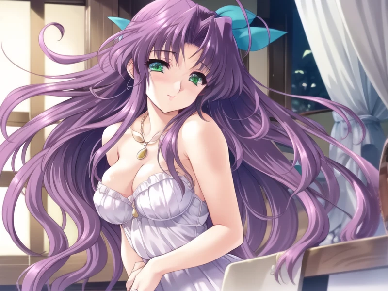 (hyper extreme detailed),(masterpeace),(hyper extreme),(photorealistic),CG,(colour:1.2), beautiful lighting,light from the front, solo,smlie, <lora:aoi_sakura:0.9>,aoi_sakurako,paple hair,long hair,ribbon,green eyes,