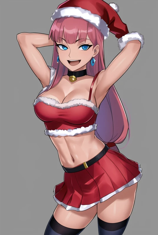 <lora:SomethingUnlimitedV2.1:0.8>,  SomethingUnlimited, masterpiece, best quality, 1girl, solo, thighhighs, breasts, skirt, earrings, jewelry, santa hat, hat, blue eyes, long hair, pink hair, black thighhighs, armpits, open mouth, alternate costume, red skirt, hair down, looking at viewer, bangs, cleavage, arms up, red headwear, smile, underwear, midriff, ass, thighs