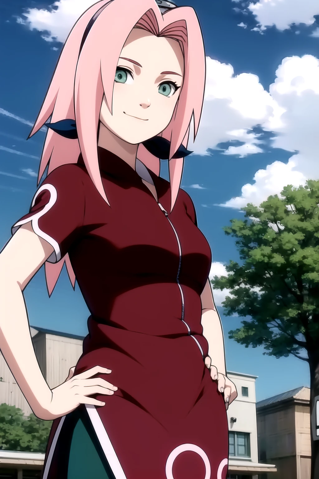 masterpiece, best quality, 1girl,haruno sakura, pink hair, long hair, green eyes, forehead protector, smile, hands on hips, blue sky, cloud, hidden village <lora:Sakura:1>