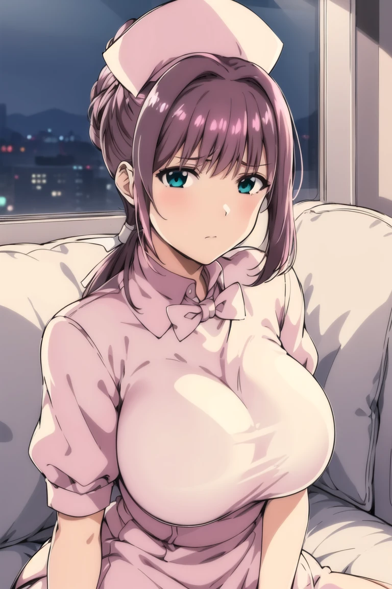 (Night:1.7), hospital, infirmary,Cyberpunk_CityView, Before Window,  
sitting at attention,sitting on couch,(Close-Up:1.0),
(White_apron), dress,(pink bowtie),(puffy_short_sleeves),(pink shirt),(nurse_cap),(nurse_Outfit),
Nurse,<lora:NanaseRen-V1:0.85>,NanaseRen,<lora:aiueOkaStyle_v10:0.1>, <lora:saiminSeishidou:0.1>,
Brown_hair,green_eyes,long_hair,LOW_ponytail, white_hair_ribbon,aqua_eyes, (Closed_mouth),
1 girl, Manga,18yo,young female,Beautiful Finger,Beautiful long legs,Beautiful body,Beautiful Nose,Beautiful character design, perfect eyes, perfect face,
looking at viewer, embarrassed, shy,(expressionless:1.3),
official art,extremely detailed CG unity 8k wallpaper, perfect lighting,Colorful, Bright_Front_face_Lighting,
(masterpiece:1.0),(best_quality:1.0), ultra high res,4K,ultra-detailed,
photography, 8K, HDR, highres, absurdres:1.2, Kodak portra 400, film grain, blurry background, bokeh:1.2, lens flare, (vibrant_color:1.2)
(Beautiful,large_Breasts:1.4), (beautiful_face:1.5),(narrow_waist),