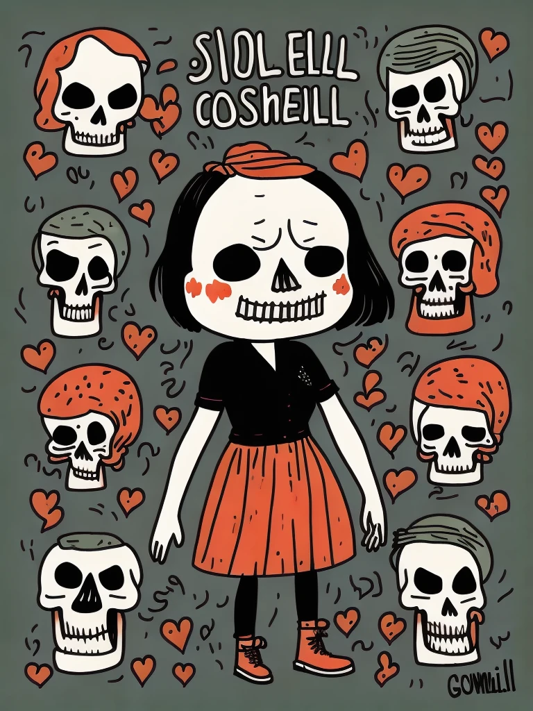<lora:GemmaCorrell:1>2 skull sassy women character design by Gemma correll