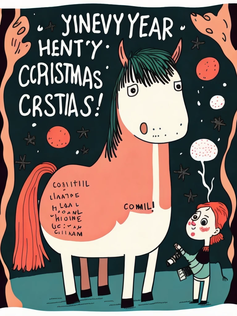 <lora:GemmaCorrell:1>Colorful New Year card with a cheerful horse, a funny girl and a joyful talking Christmas tree , by Gemma Correll