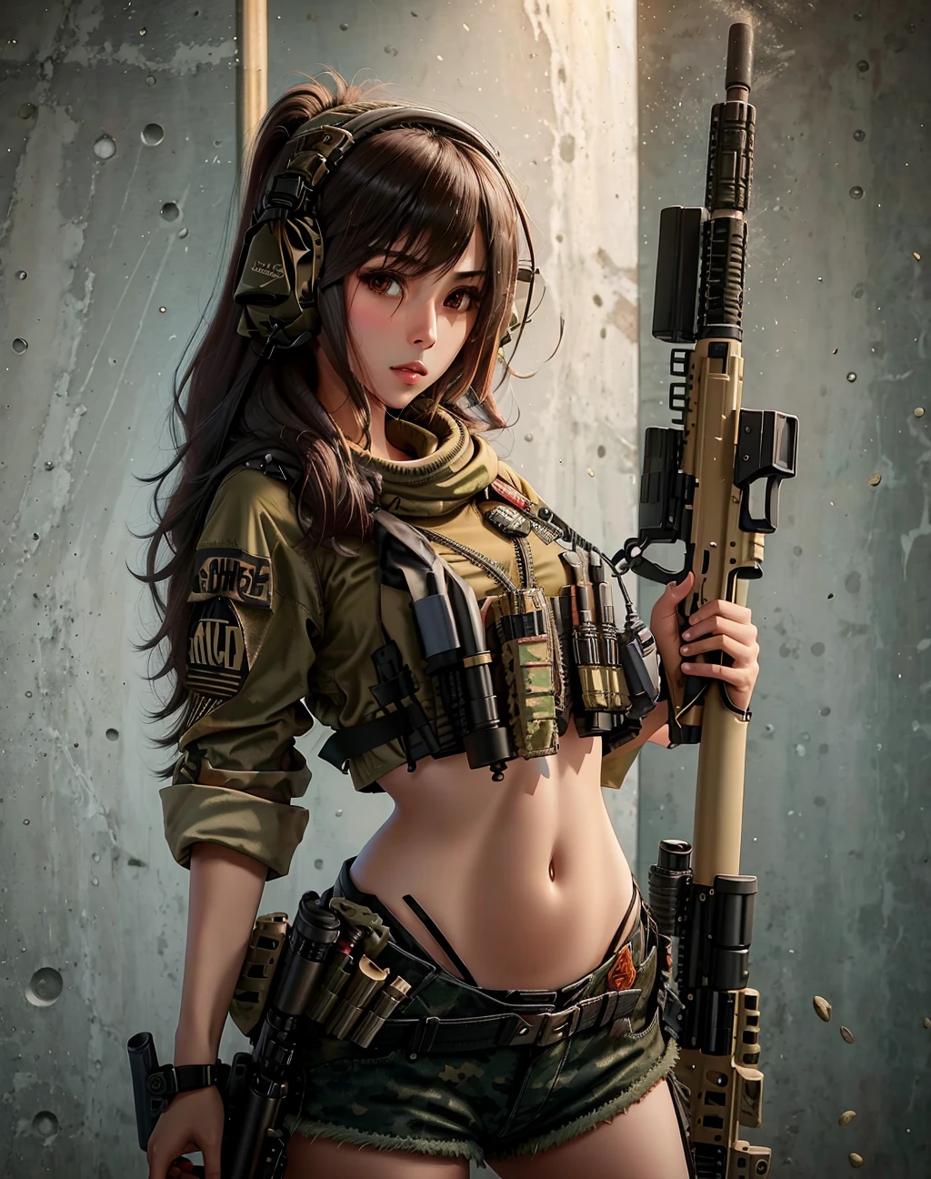 1girl, solo, long hair, brown hair, black hair, navel, holding, weapon, shorts, midriff, holding weapon, gun, military, headphones, holding gun, rifle, handgun, headset, realistic, assault rifle, camouflage, m4 carbine, load bearing vest,wearing epTactical<lora:epTactical1:1>